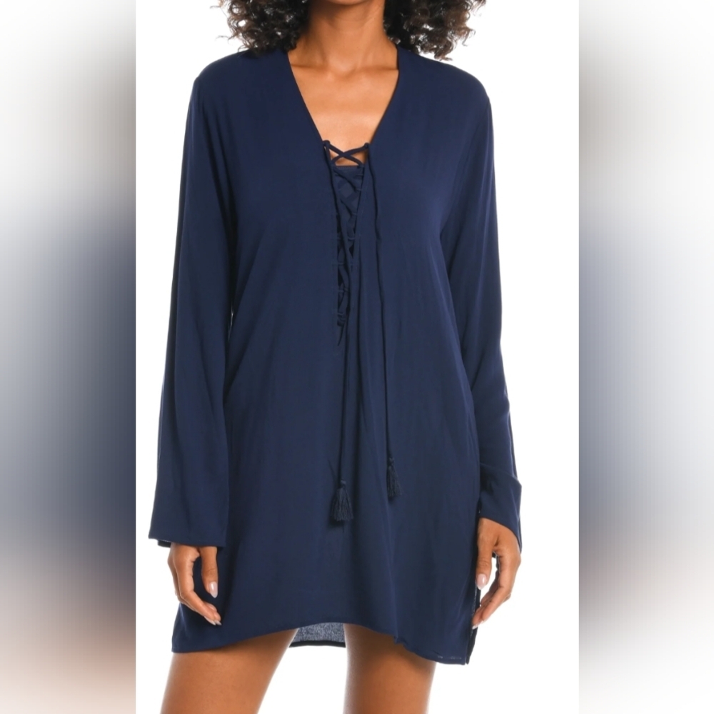 La Blanca Beachcomber Basics Lace‎ Up V Neck Tunic Navy XL NWT LB3VL55